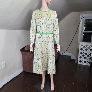 Vintage 1960s–70s Goldworm Floral Knit Midi Dress Belted Long Sleeve Size 14 (S)